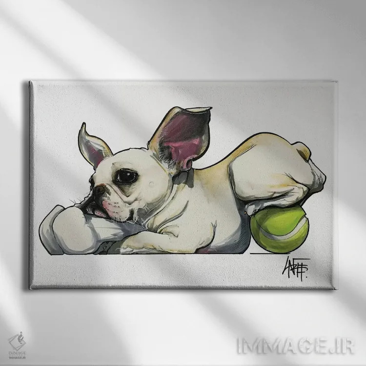 تابلو فرنچی جمعکننده اسباببازی (سگ بولداگ فرنچ) اثر کاریکاتورهای سگ (استودیو تخصصی کاریکاتور حیوانات) - نمای روبهرو روی دیوار