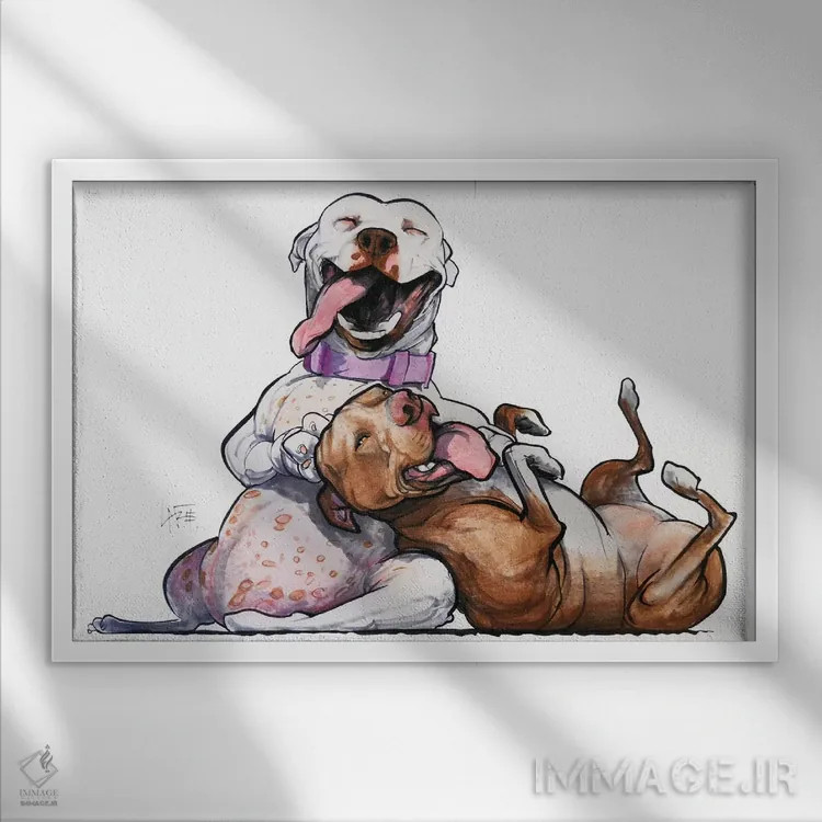 تابلو دوستان صمیمی پیتبول (سگ) اثر کاریکاتورهای سگ (استودیو تخصصی کاریکاتور حیوانات) - نمای قابدار سفید