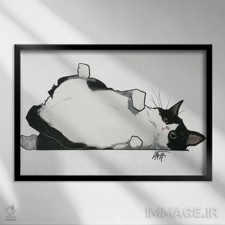تابلو گربه دلش مالش شکم میخواهد اثر کاریکاتورهای سگ (استودیو تخصصی کاریکاتور حیوانات) - نمای قابدار مشکی