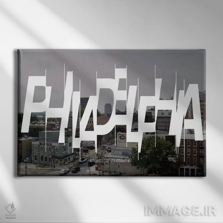 تابلو 71° W),فیلادلفیا (۴۲.۳ شمالی، ۷۱ غربی) اثر فایو بای فایو کالکتیو - نمای روبهرو روی دیوار