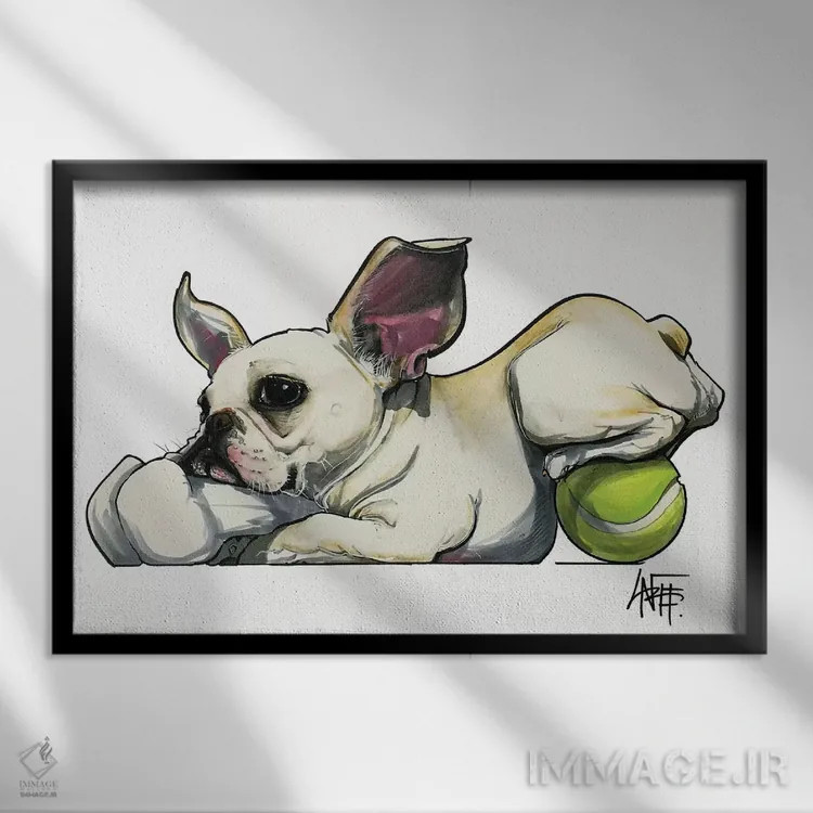 تابلو فرنچی جمعکننده اسباببازی (سگ بولداگ فرنچ) اثر کاریکاتورهای سگ (استودیو تخصصی کاریکاتور حیوانات) - نمای قابدار مشکی