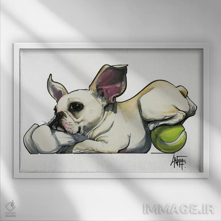 تابلو فرنچی جمعکننده اسباببازی (سگ بولداگ فرنچ) اثر کاریکاتورهای سگ (استودیو تخصصی کاریکاتور حیوانات) - نمای قابدار سفید