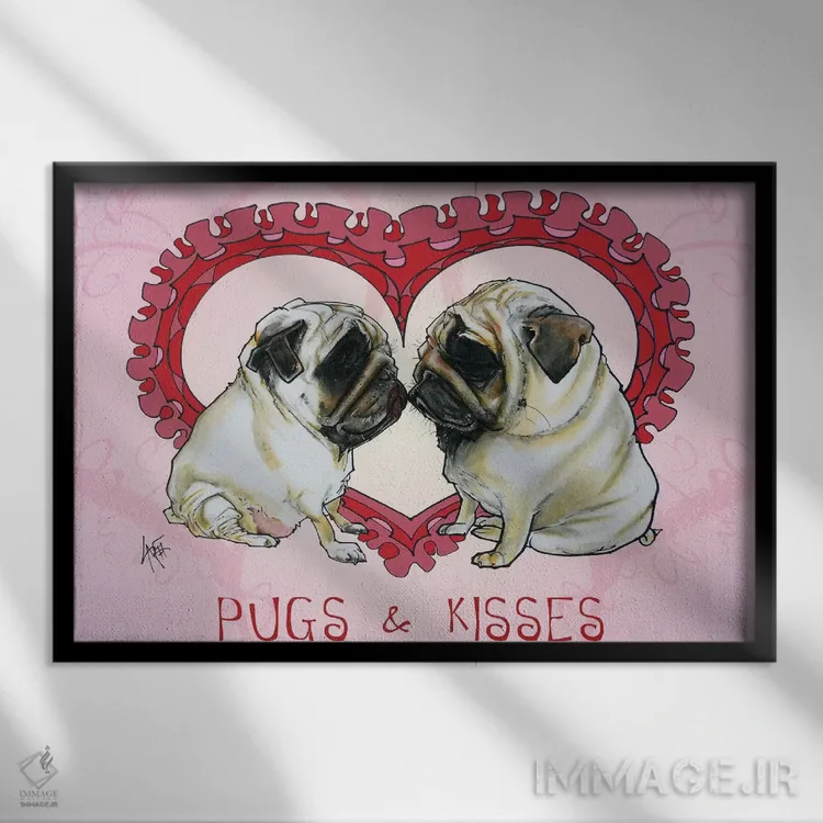 تابلو پاگها و بوسهها (سگ) اثر کاریکاتورهای سگ (استودیو تخصصی کاریکاتور حیوانات) - نمای قابدار مشکی