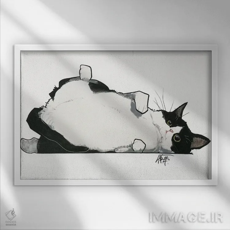 تابلو گربه دلش مالش شکم میخواهد اثر کاریکاتورهای سگ (استودیو تخصصی کاریکاتور حیوانات) - نمای قابدار سفید