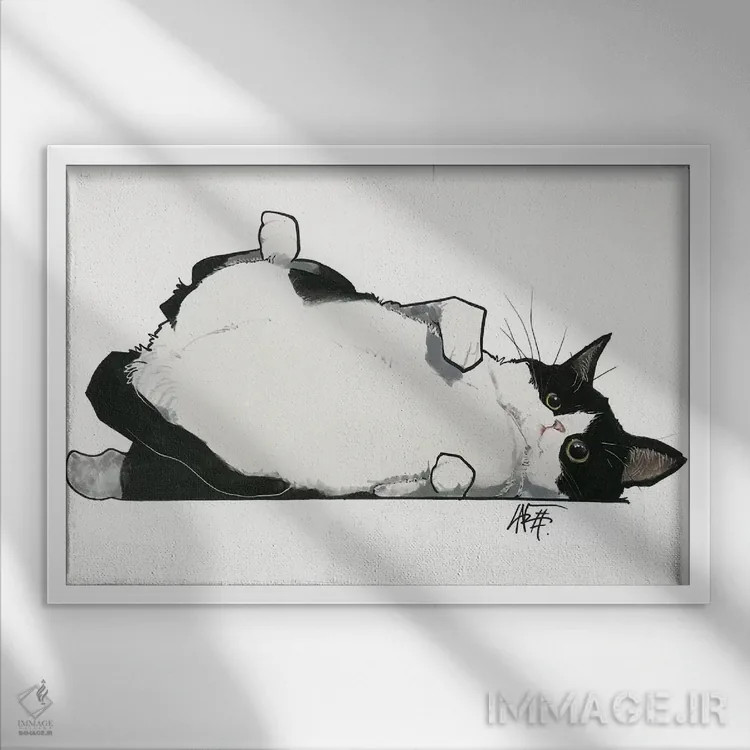 تابلو گربه دلش مالش شکم میخواهد اثر کاریکاتورهای سگ (استودیو تخصصی کاریکاتور حیوانات) - نمای قابدار سفید