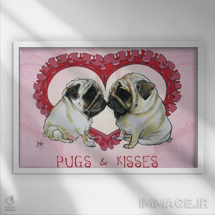 تابلو پاگها و بوسهها (سگ) اثر کاریکاتورهای سگ (استودیو تخصصی کاریکاتور حیوانات) - نمای قابدار سفید