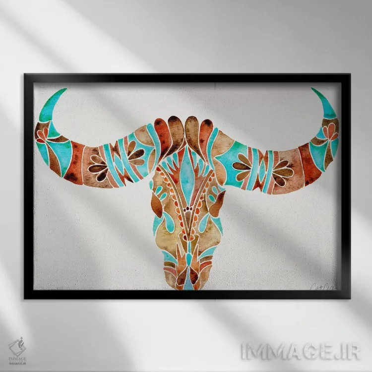 تابلو جمجمه گاومیش آبی II اثر کت کوکیلت - نمای قابدار مشکی