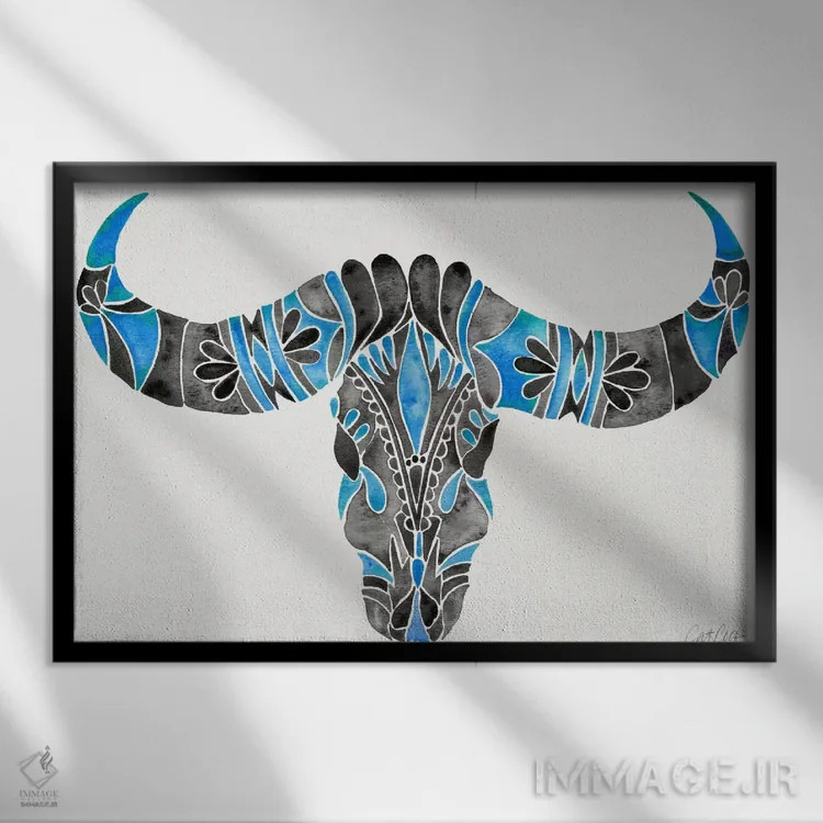 تابلو جمجمه گاومیش آبی I اثر کت کوکیلت - نمای قابدار مشکی