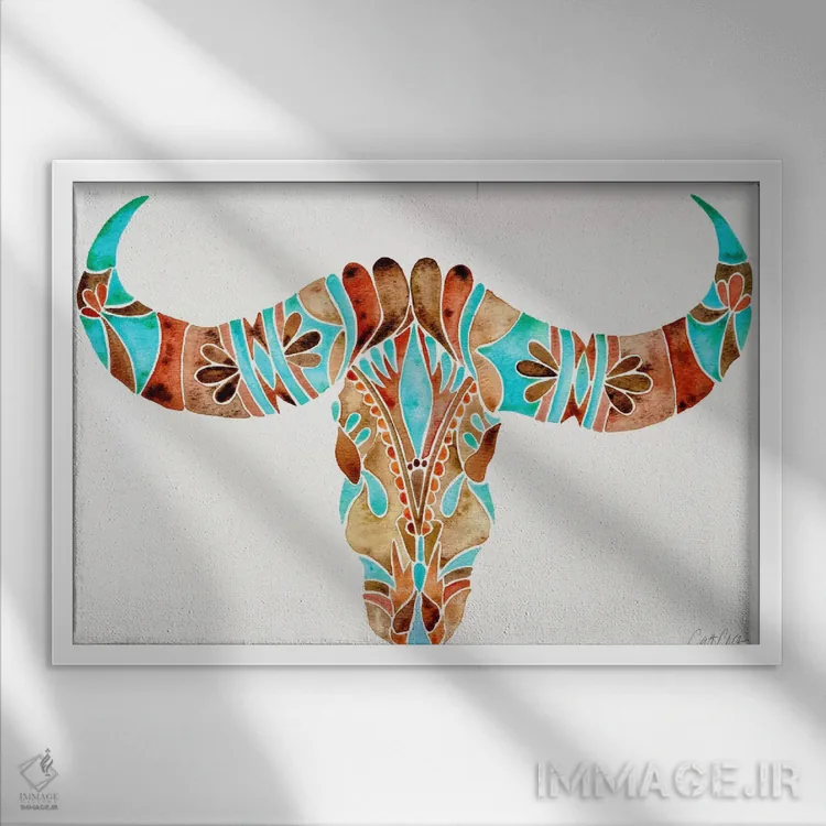 تابلو جمجمه گاومیش آبی II اثر کت کوکیلت - نمای قابدار سفید