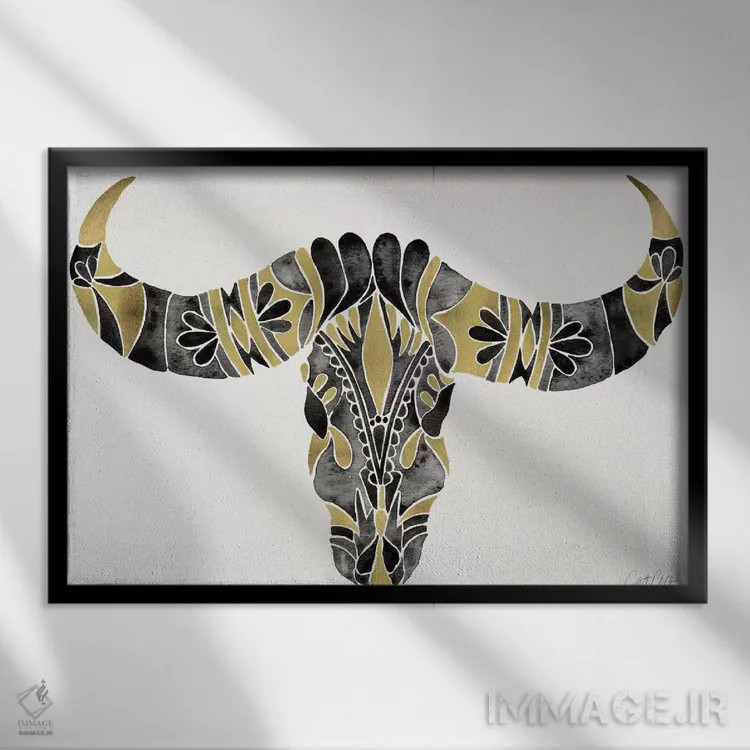 تابلو جمجمه گاومیش آبی IV اثر کت کوکیلت - نمای قابدار مشکی