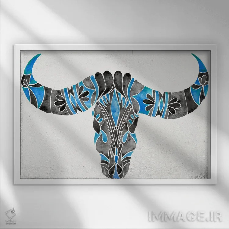 تابلو جمجمه گاومیش آبی I اثر کت کوکیلت - نمای قابدار سفید