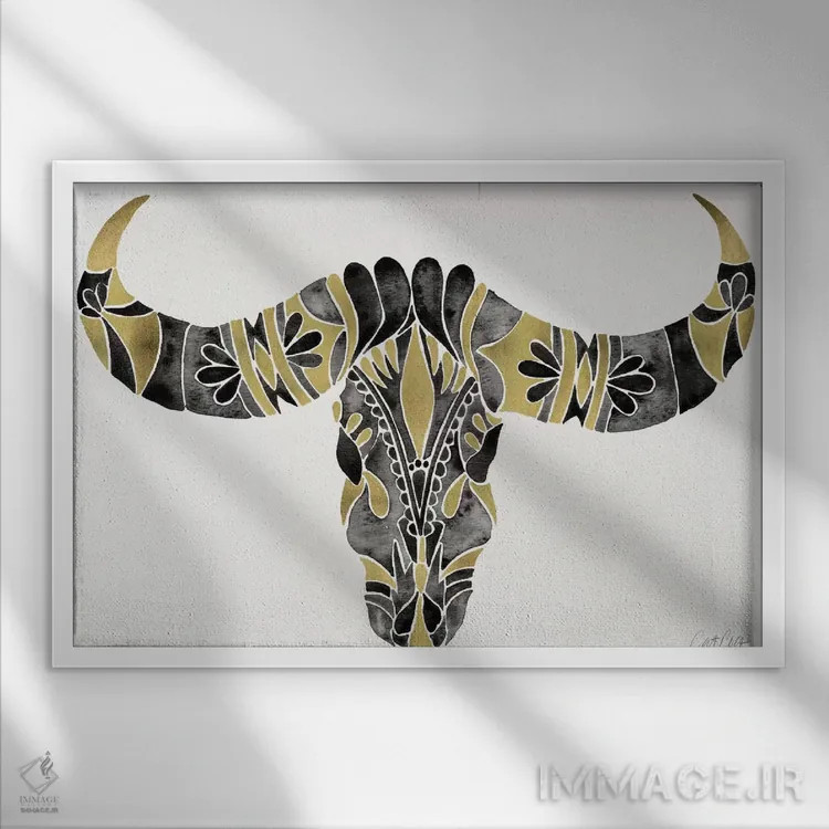 تابلو جمجمه گاومیش آبی IV اثر کت کوکیلت - نمای قابدار سفید