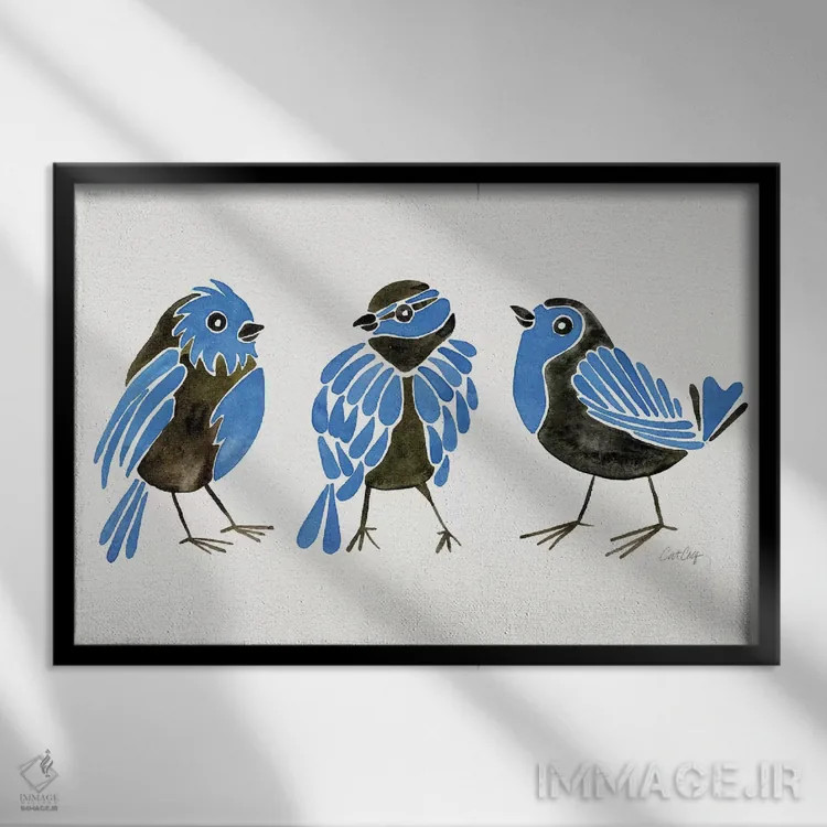 تابلو فنچهای آبی اثر کت کوکیلت - نمای قابدار مشکی