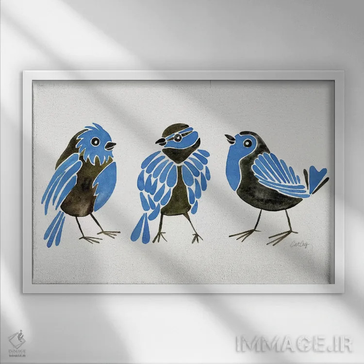 تابلو فنچهای آبی اثر کت کوکیلت - نمای قابدار سفید