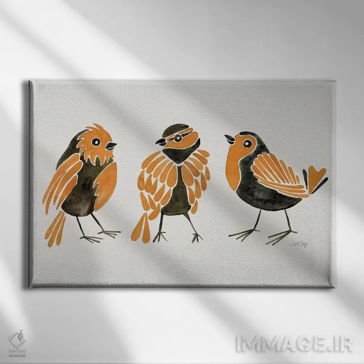 تابلو فنچهای نارنجی اثر کت کوکیلت - نمای روبهرو روی دیوار
