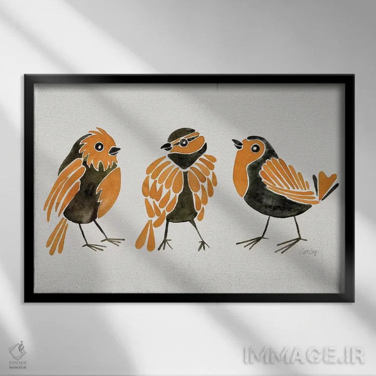 تابلو فنچهای نارنجی اثر کت کوکیلت - نمای قابدار مشکی