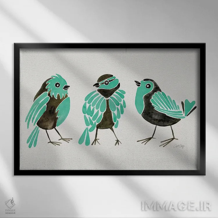 تابلو فنچهای فیروزهای اثر کت کوکیلت - نمای قابدار مشکی