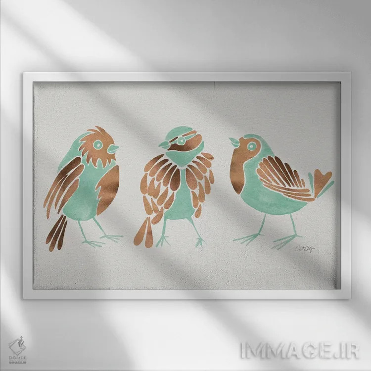 تابلو فنچهای نعناعی اثر کت کوکیلت - نمای قابدار سفید