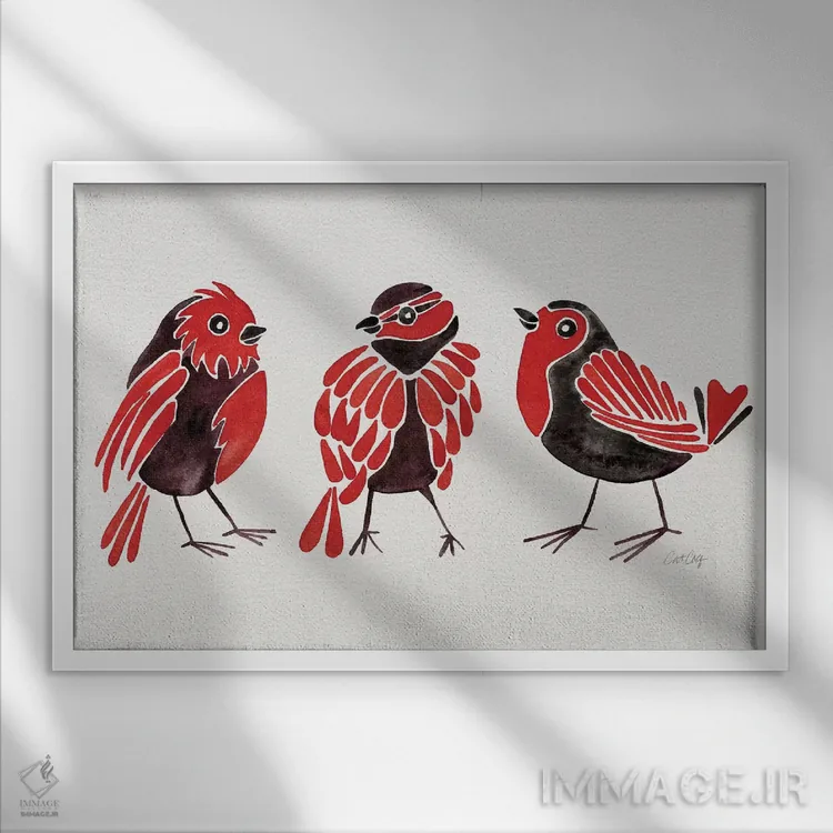 تابلو فنچهای قرمز اثر کت کوکیلت - نمای قابدار سفید