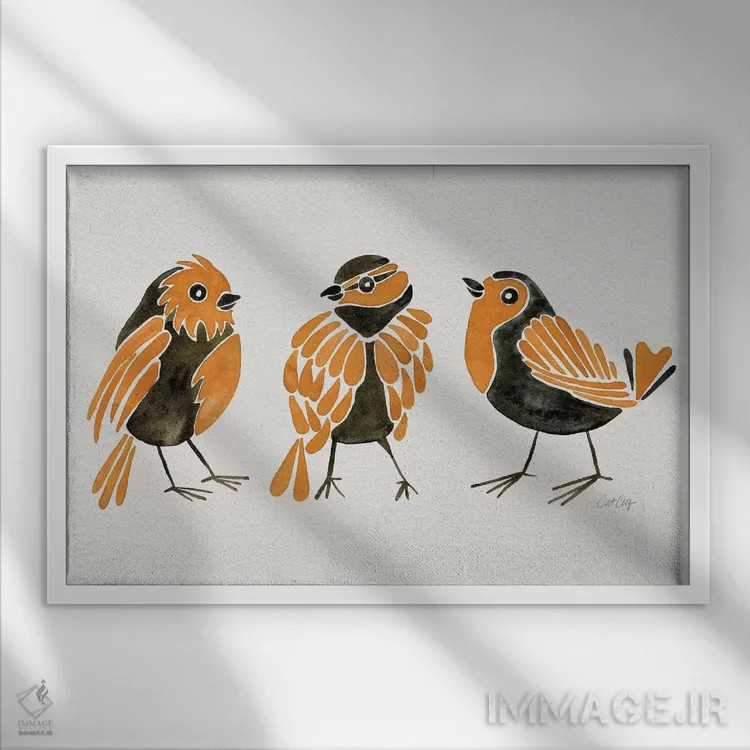 تابلو فنچهای نارنجی اثر کت کوکیلت - نمای قابدار سفید
