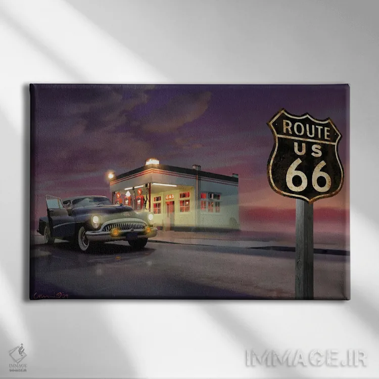 تابلو جاده ۶۶ (مسیر تاریخی آمریکا) اثر کریس کنسانی - نمای روبهرو روی دیوار