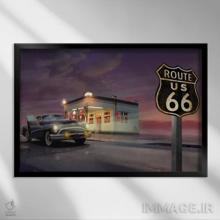 تابلو جاده ۶۶ (مسیر تاریخی آمریکا) اثر کریس کنسانی - نمای قابدار مشکی