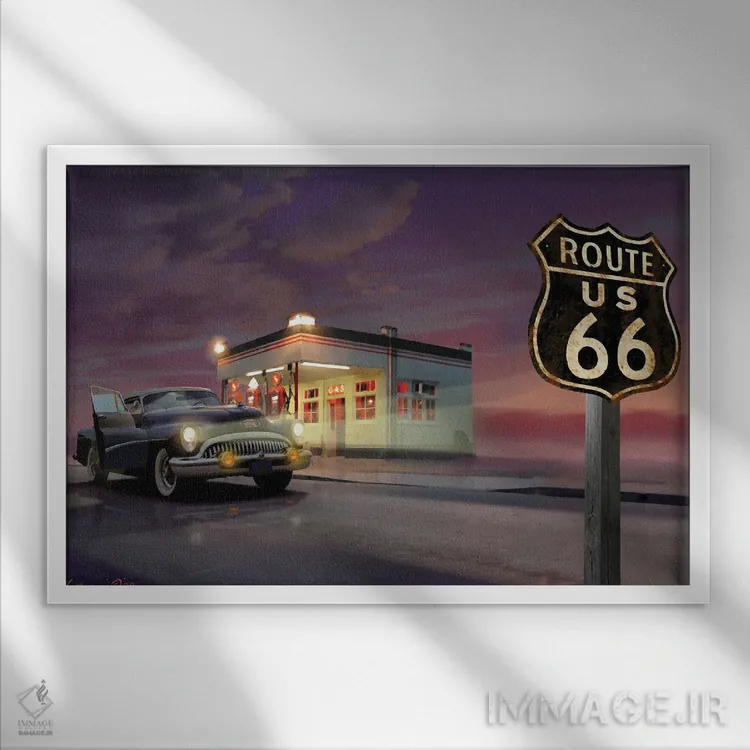 تابلو جاده ۶۶ (مسیر تاریخی آمریکا) اثر کریس کنسانی - نمای قابدار سفید