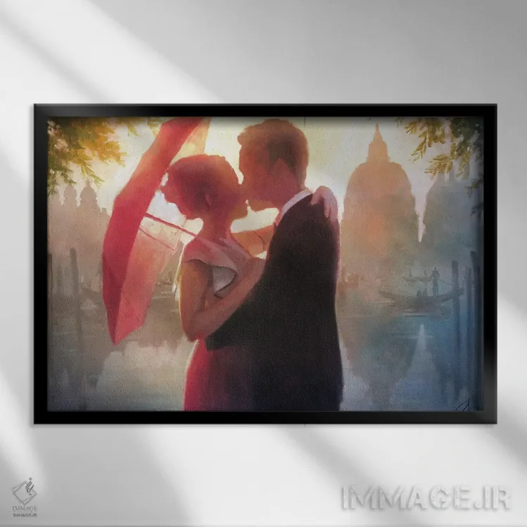 تابلو چتر قرمز در ونیز اثر کریستوفر کلارک - نمای قابدار مشکی