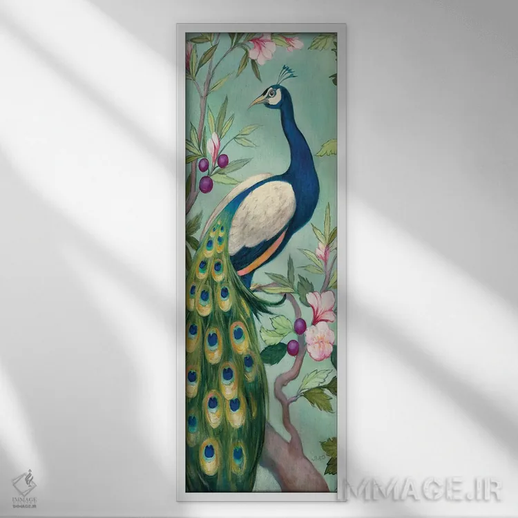 تابلو طاووس زیبا ۲ (برش) اثر جولیا پورینتون - نمای قابدار سفید