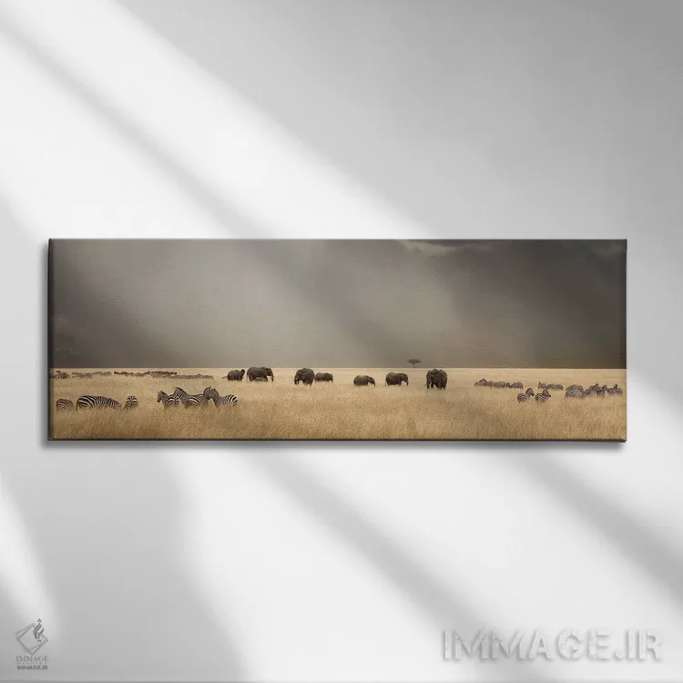 تابلو آسمان طوفانی بر فراز ماسایی مارا با فیلها و گورخرها اثر جین ریکس - نمای روبهرو روی دیوار