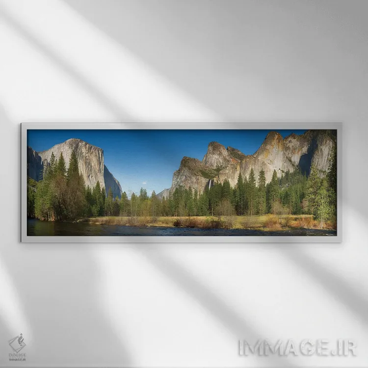 تابلو USA,منظره گسترده یوسمیتی و رودخانه مرسد، آمریکا اثر جین ریکس - نمای قابدار سفید