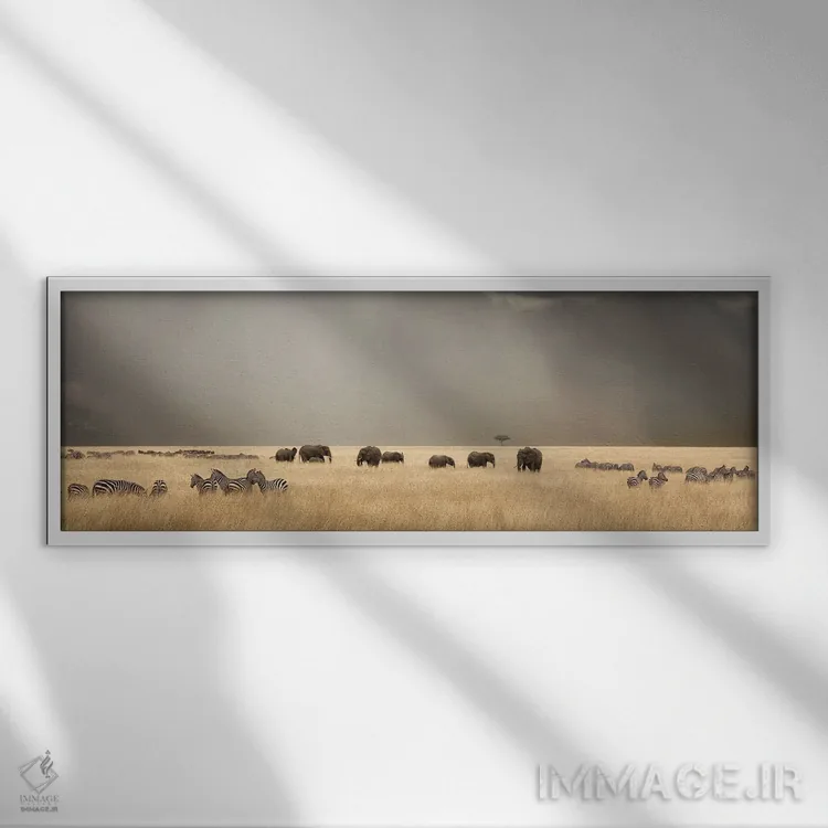 تابلو آسمان طوفانی بر فراز ماسایی مارا با فیلها و گورخرها اثر جین ریکس - نمای قابدار سفید