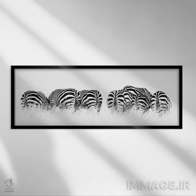 تابلو Rear View,ردیف گورخرهای سیاه و سفید از پشت اثر جین ریکس - نمای قابدار مشکی