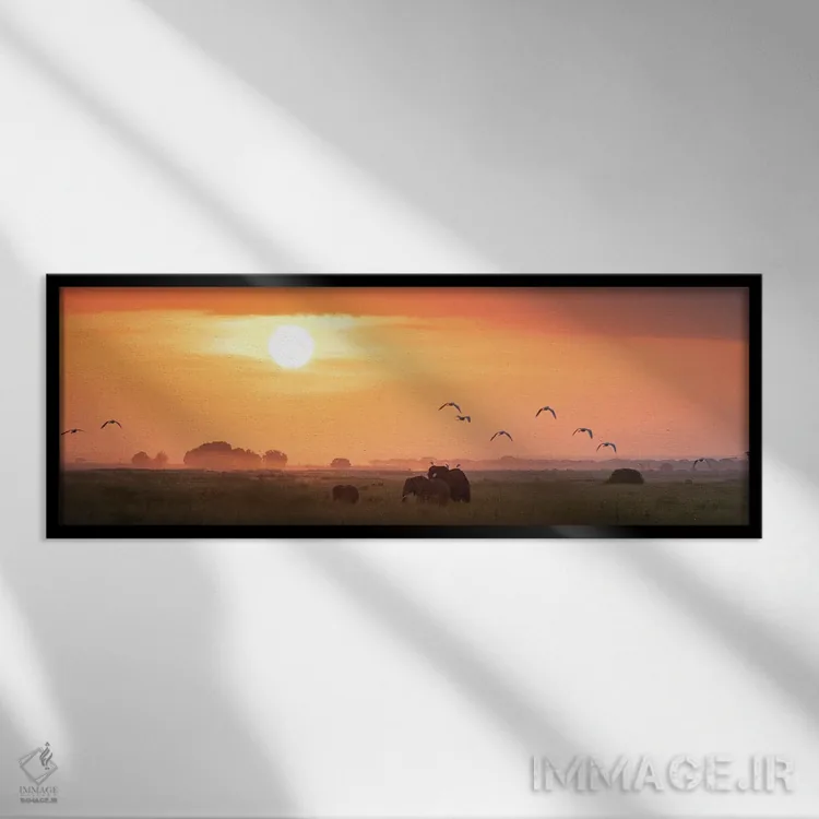 تابلو Amboseli,فیلها هنگام طلوع آفتاب در آمبوسلی اثر جین ریکس - نمای قابدار مشکی