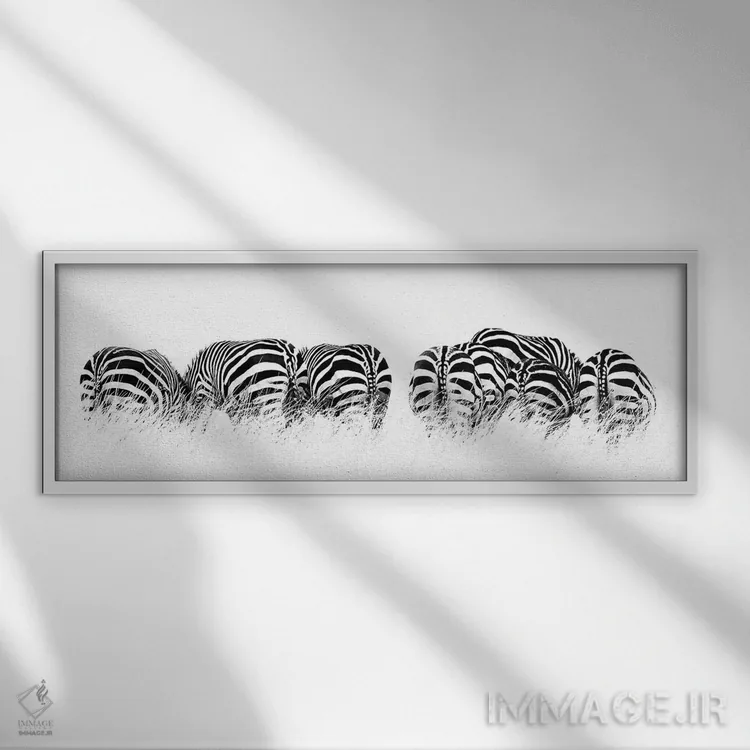 تابلو Rear View,ردیف گورخرهای سیاه و سفید از پشت اثر جین ریکس - نمای قابدار سفید