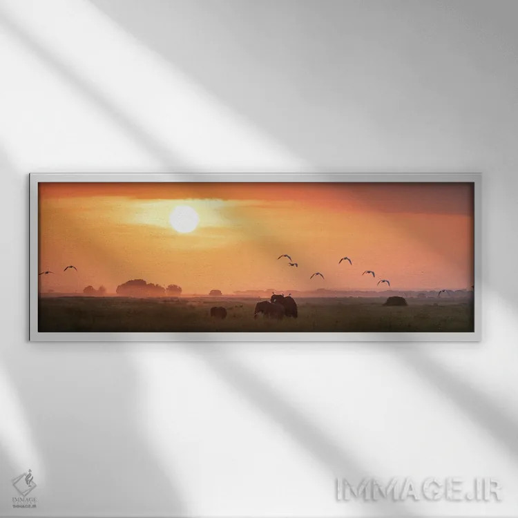 تابلو Amboseli,فیلها هنگام طلوع آفتاب در آمبوسلی اثر جین ریکس - نمای قابدار سفید