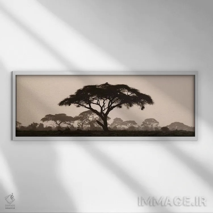 تابلو Kenya, Maasai Mara National Reserve. Silhouette of umbrella thorn acacia tree at sunset.,آفریقا، کنیا، ذخیرهگاه ملی ماسایی مارا. سیلوئت درخت آکاسیا چتری در غروب آفتاب اثر جینز گالری (گالری هنری/عکس) - نمای قابدار سفید