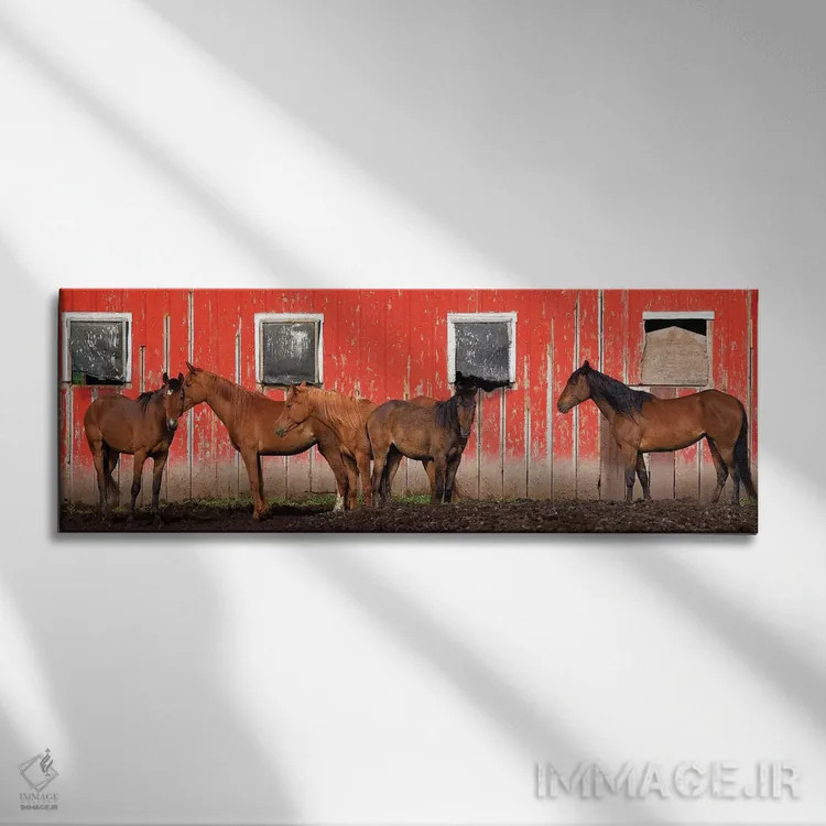 تابلو Washington State, Palouse. Panoramic of horses next to red barn.,ایالات متحده، ایالت واشینگتن، منطقه پالوس. منظره پانورامای اسبها کنار انبار قرمز. اثر جینز گالری (گالری هنری/عکس) - نمای روبهرو روی دیوار