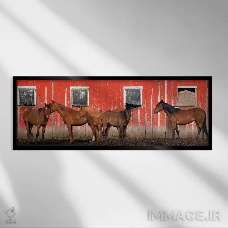 تابلو Washington State, Palouse. Panoramic of horses next to red barn.,ایالات متحده، ایالت واشینگتن، منطقه پالوس. منظره پانورامای اسبها کنار انبار قرمز. اثر جینز گالری (گالری هنری/عکس) - نمای قابدار مشکی