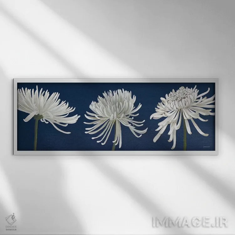 تابلو داوودیهای صبحگاهی و آبی تیره اثر کاترین لاول - نمای قابدار سفید