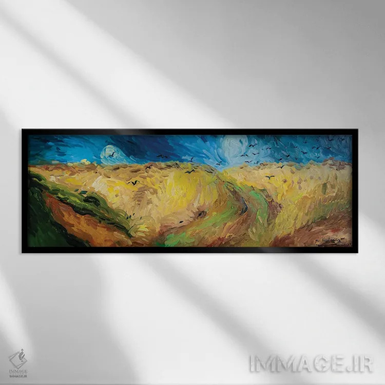 تابلو مزرعه گندم با کلاغها اثر کوپتسووا آرت (استودیو یا برند هنری) - نمای قابدار مشکی