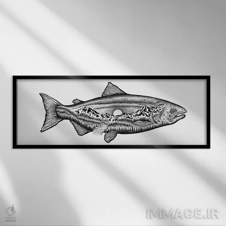 تابلو ماهی سالمون کوهستانی اثر کاری سلون - نمای قابدار مشکی