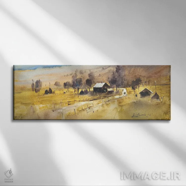 تابلو نقاشی منظره با خانهها در کوهستان اثر اندریی کووالیک - نمای روبهرو روی دیوار