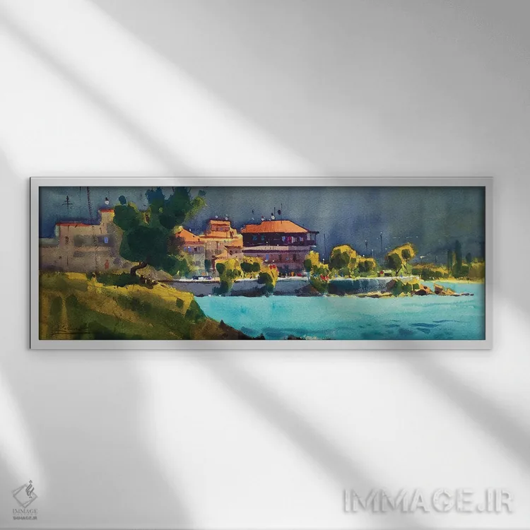 تابلو منظره با دریا در یونان اثر اندریی کووالیک - نمای قابدار سفید