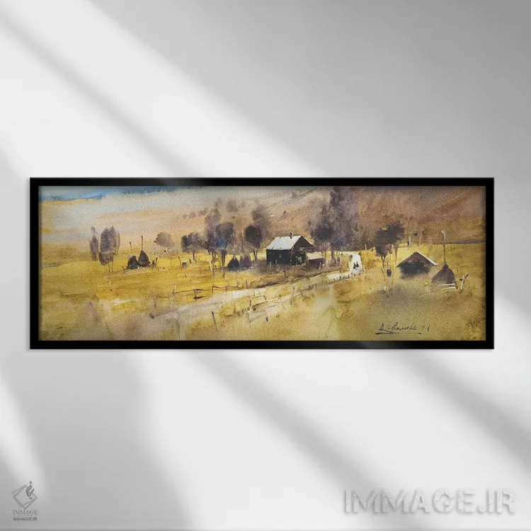 تابلو نقاشی منظره با خانهها در کوهستان اثر اندریی کووالیک - نمای قابدار مشکی