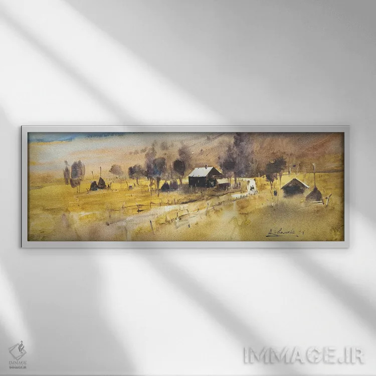 تابلو نقاشی منظره با خانهها در کوهستان اثر اندریی کووالیک - نمای قابدار سفید