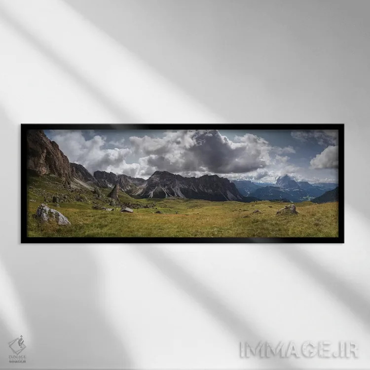 تابلو اروپا، ایتالیا، آلپ، دولومیتها، تیرول جنوبی، واله گردنا، چشمانداز از مَلگا پیهرالونجیا آلم اثر میکولاج گوسپودرک - نمای قابدار مشکی