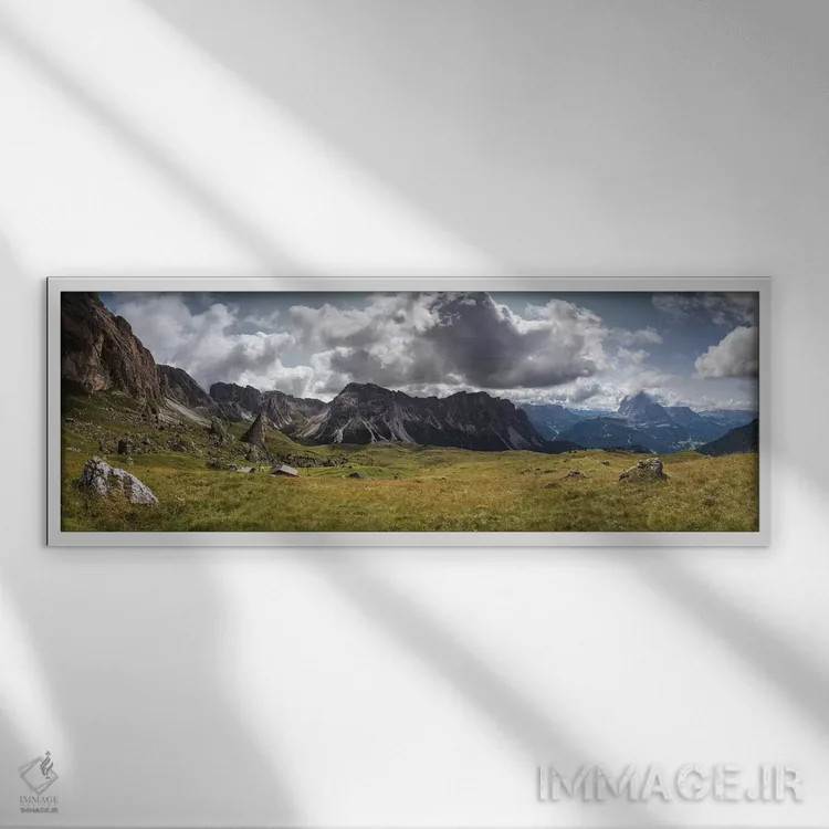 تابلو اروپا، ایتالیا، آلپ، دولومیتها، تیرول جنوبی، واله گردنا، چشمانداز از مَلگا پیهرالونجیا آلم اثر میکولاج گوسپودرک - نمای قابدار سفید