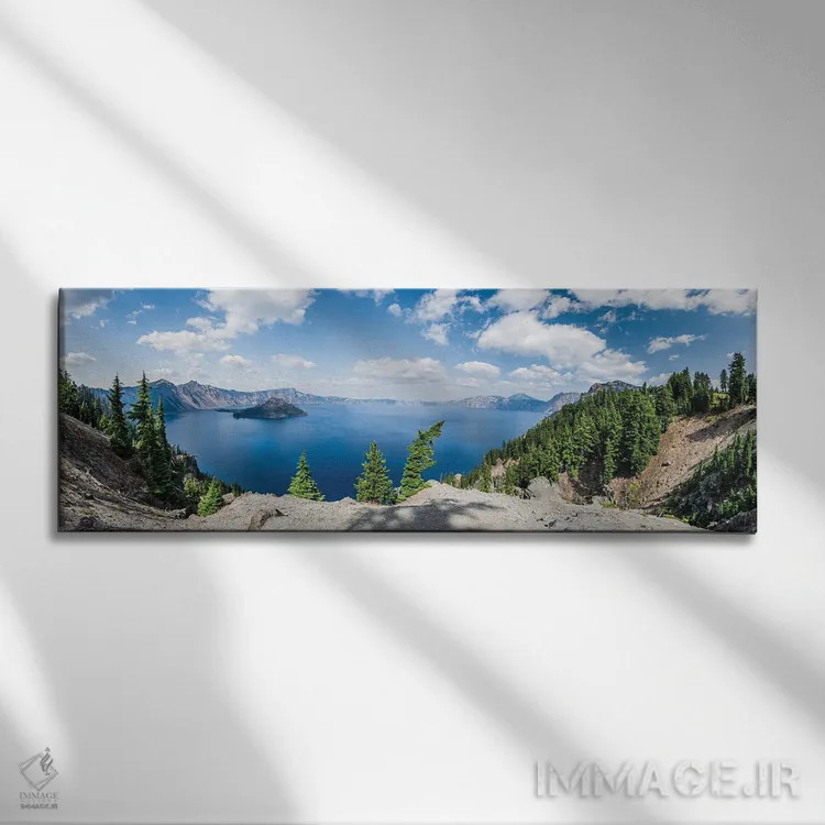 تابلو پانورامای آبی دریاچه دهانه آتشفشان اثر لوکاس مور - نمای روبهرو روی دیوار