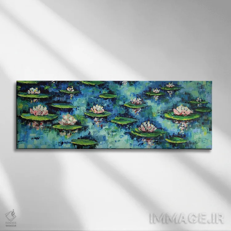 تابلو نیلوفرهای آبی اثر لیزا الی - نمای روبهرو روی دیوار